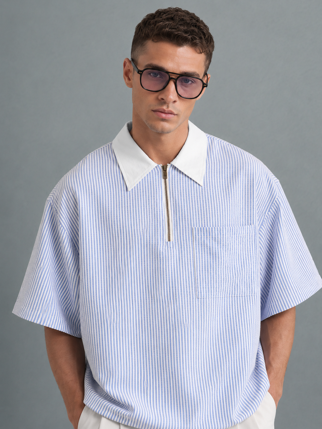 Polo homme à rayures avec fermeture zip